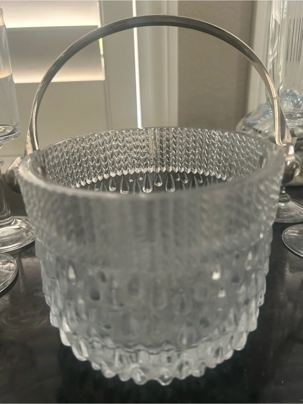 Vintage Clear Textured Glass mini Ice Bucket with Silver Handle